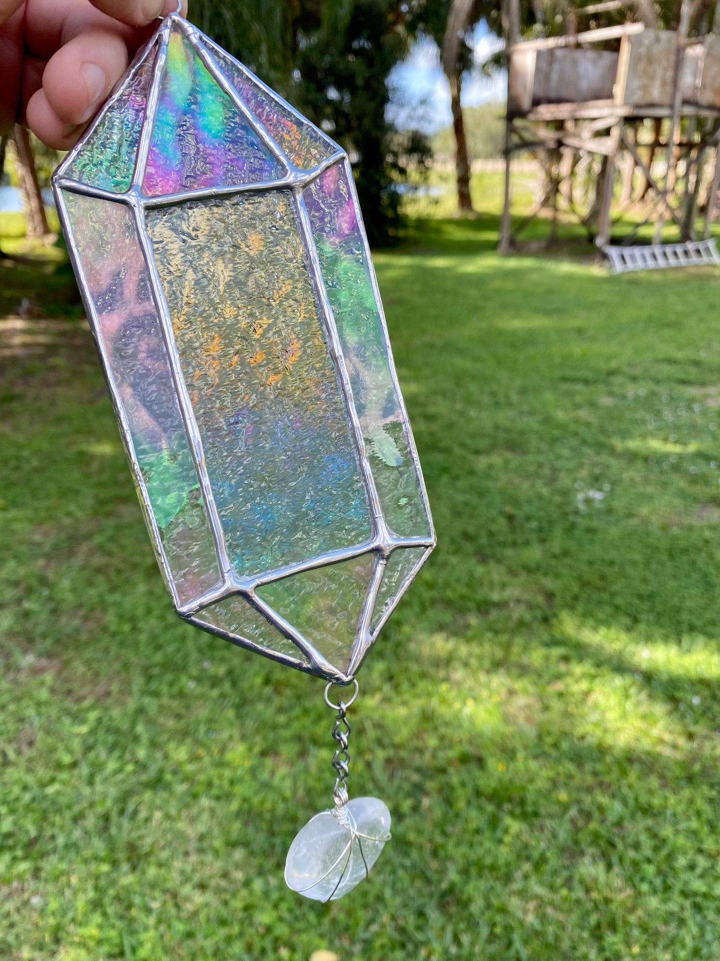 Iridescent Quartz Crystal with Wire-wrapped Crystal Heart