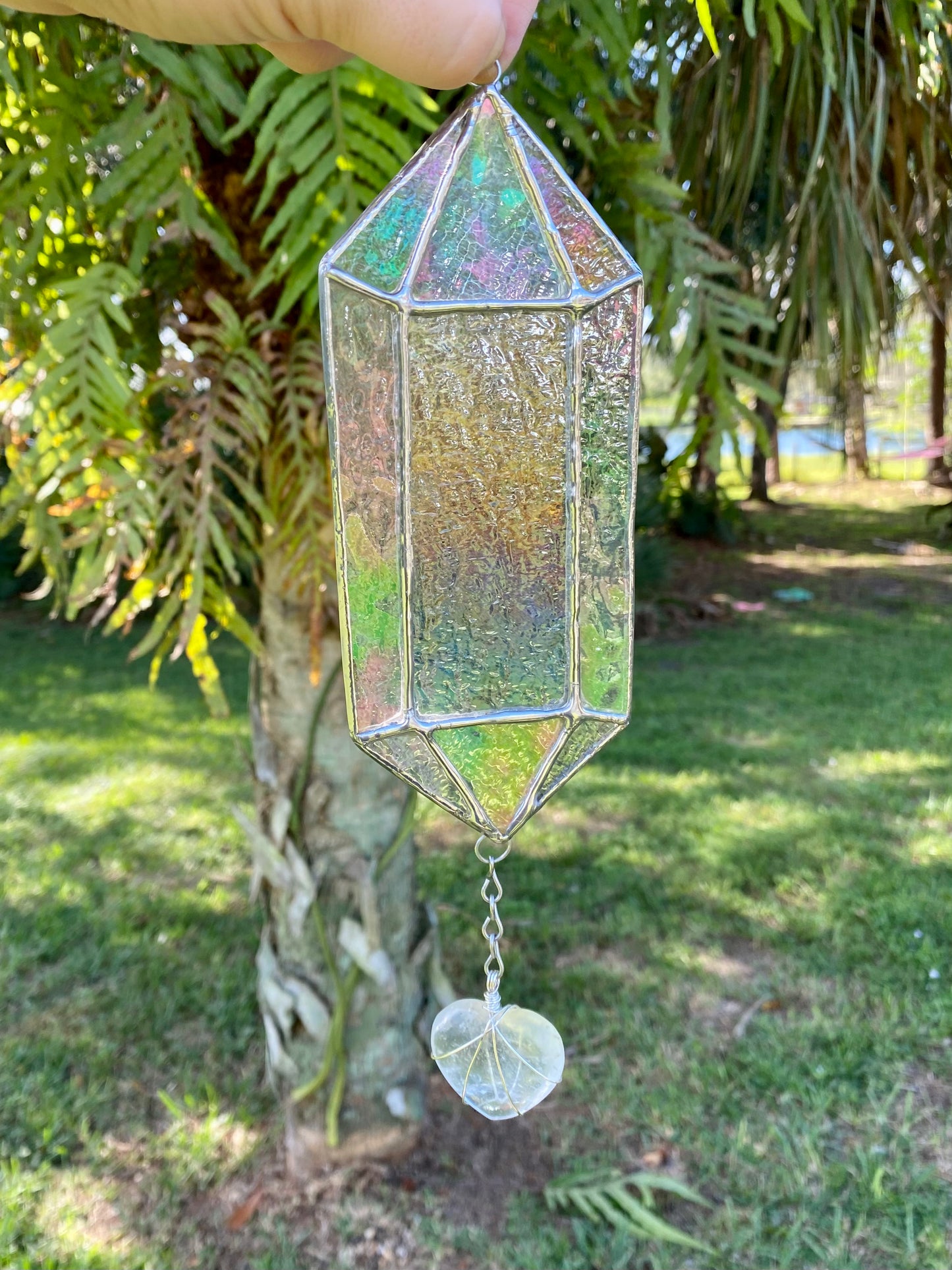 Iridescent Quartz Crystal with Wire-wrapped Crystal Heart